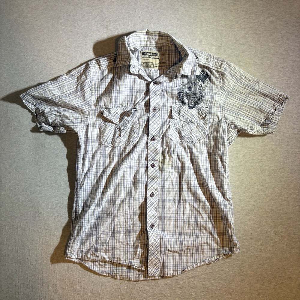 Machine Men's Short Sleeve Plaid Button Up Shirt with Heraldic Embroidery